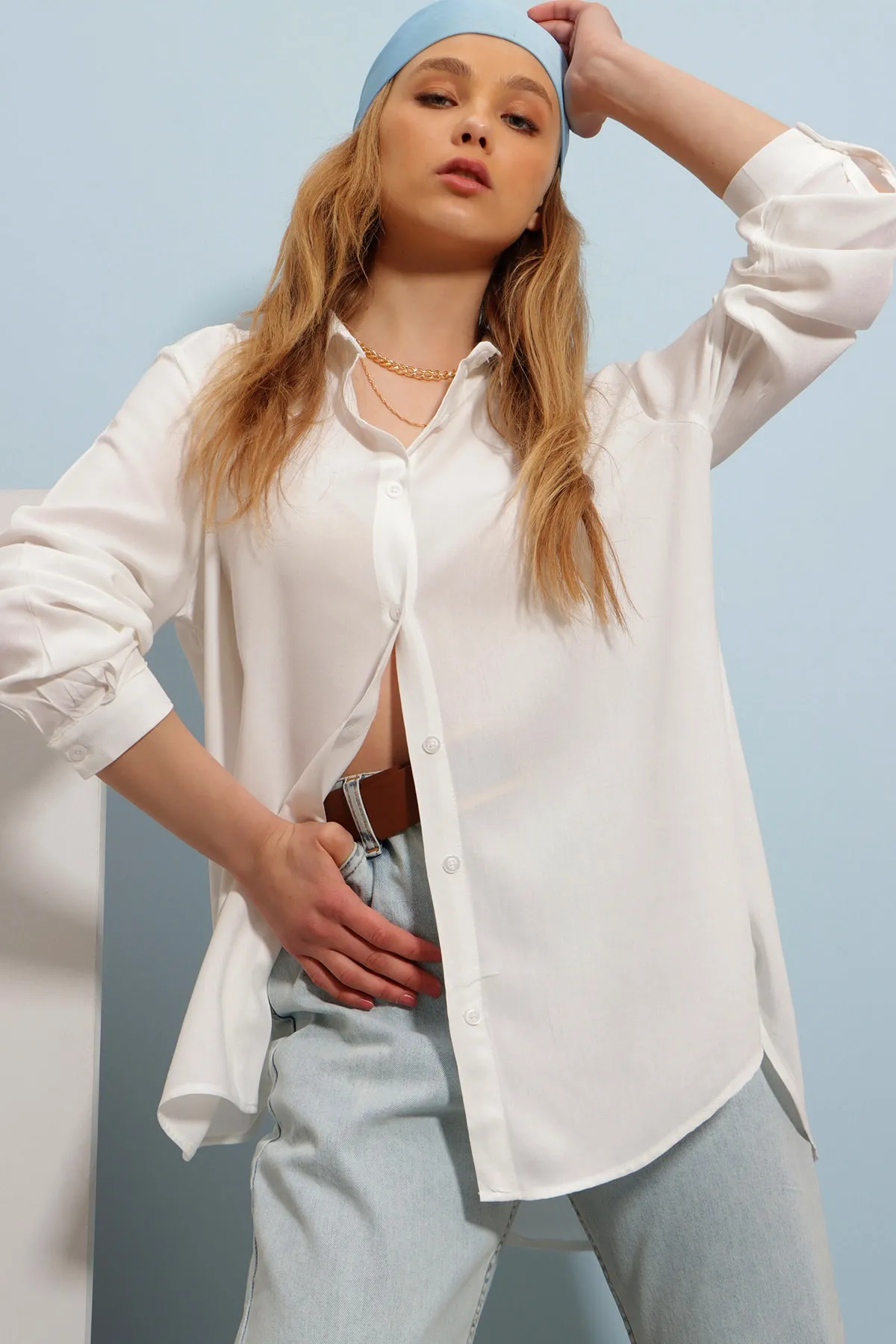 Trend Alaçatı Stili  Weißes Basic-Webhemd für Damen ALC-X5442