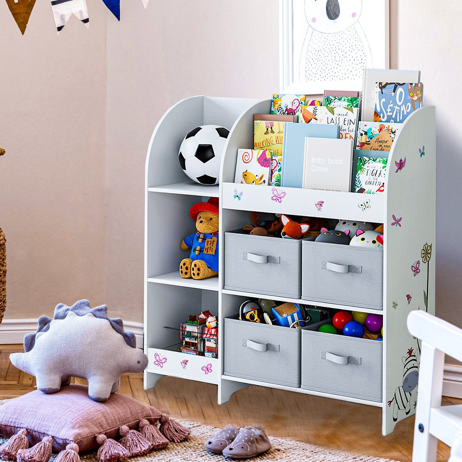 HOMECHO Spielzeugtruhe, Spielzeugregal Bücherregal Kinderregal 4 Stoffboxen