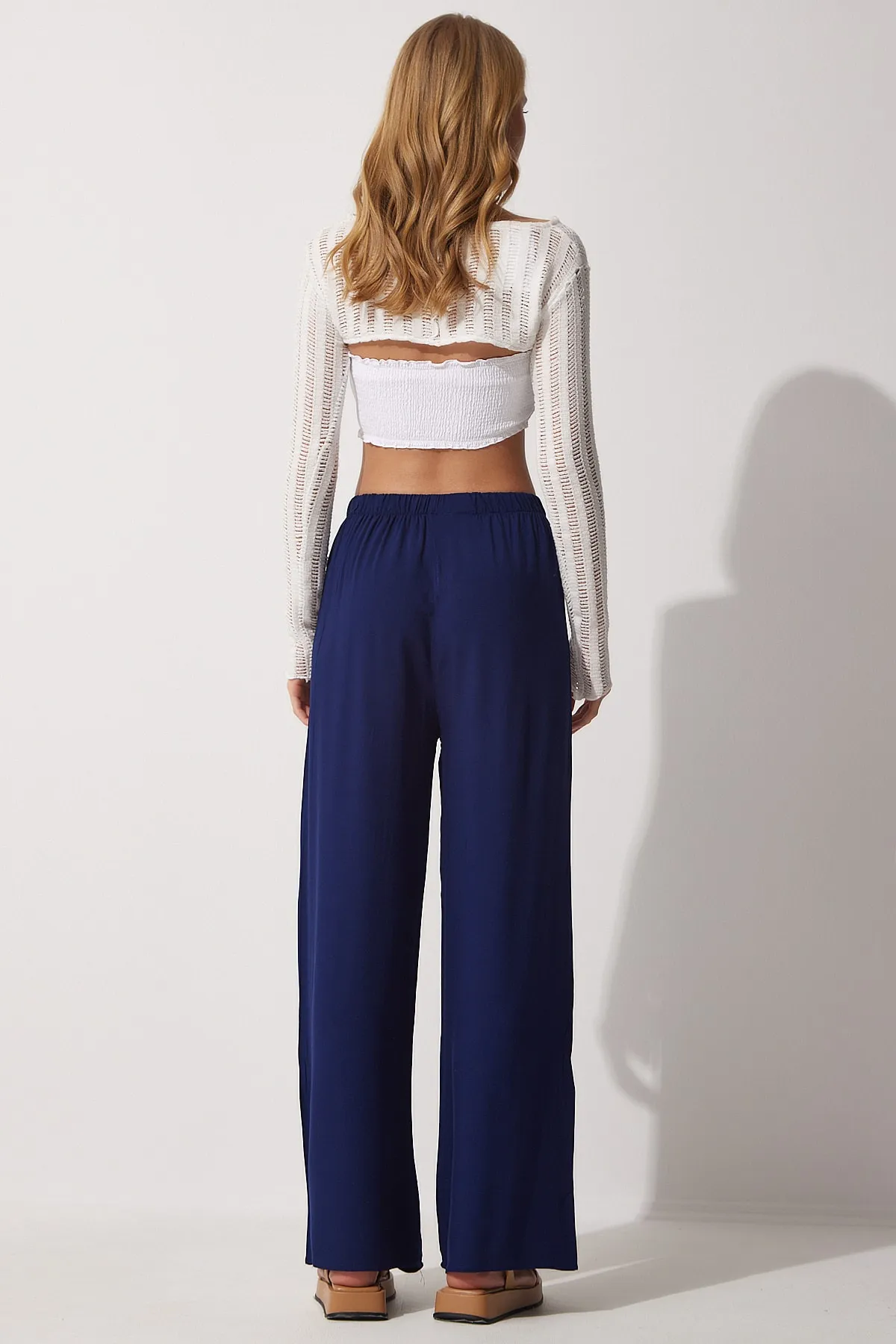 Happiness İstanbul  Marineblaue Palazzo-Viskosehose für Damen BH00322