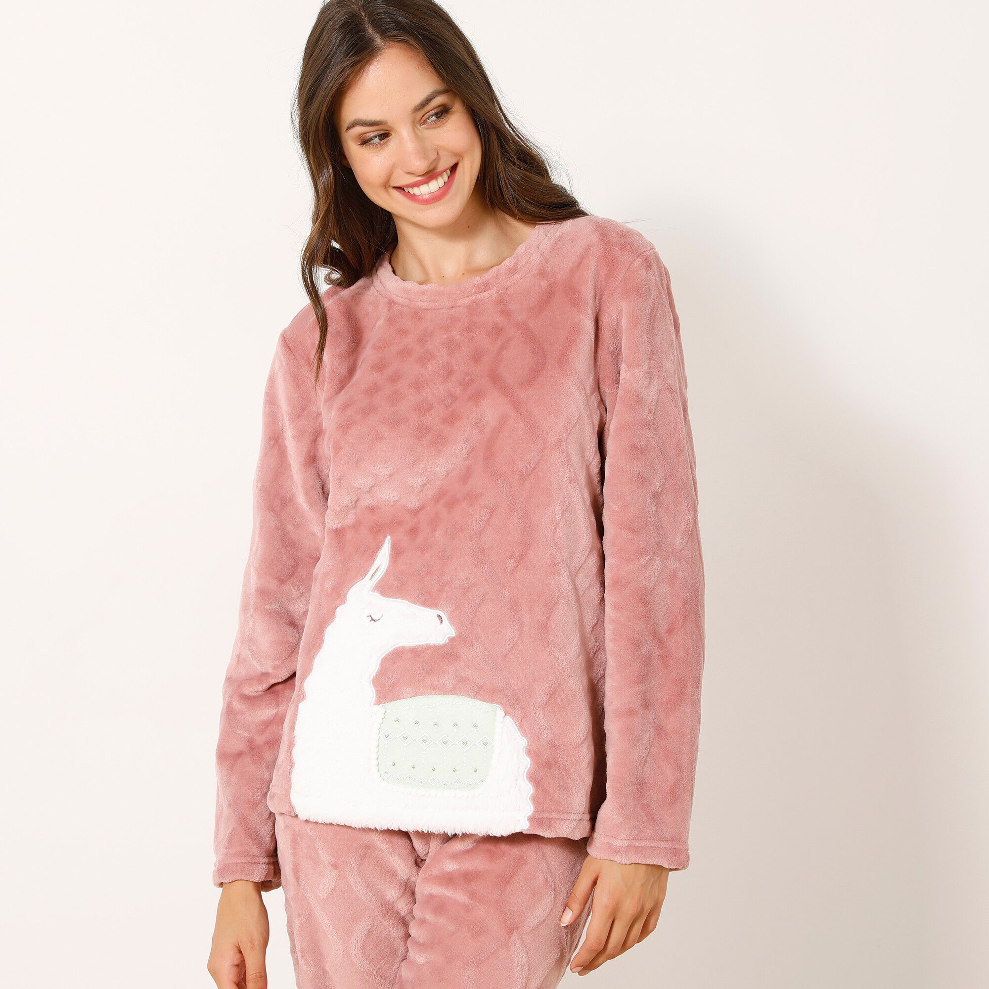 Pyjama lama pantalon maille polaire, toucher peluche
