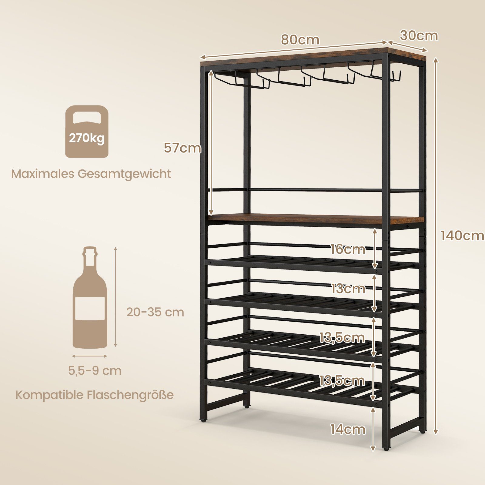 COSTWAY Weinregal, stehend, Metall, für 32 Weinflaschen&16 Gläser, 80x30x140cm