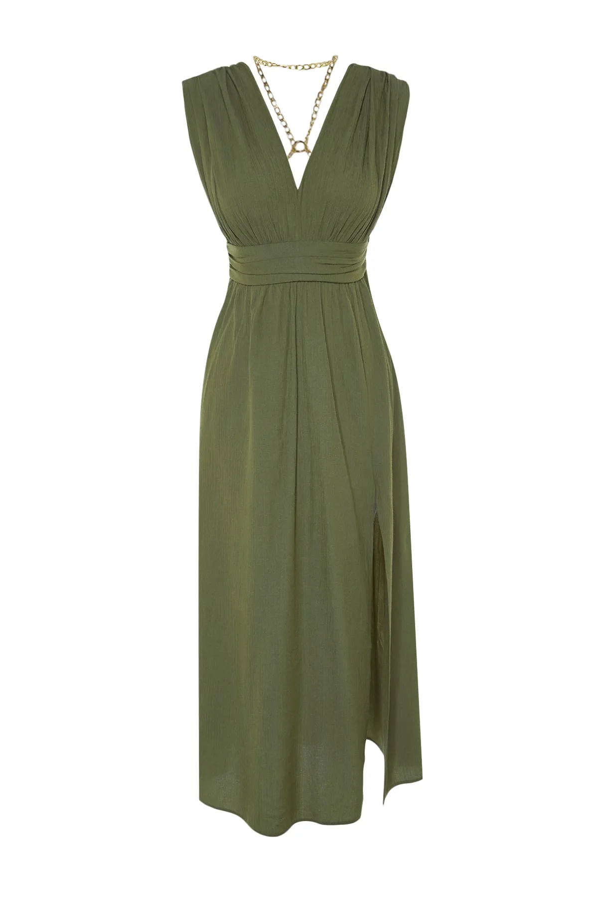 Trendyol Collection  Khakifarbenes Maxi-Strandkleid mit gewebten Accessoires TBESS21EL1051