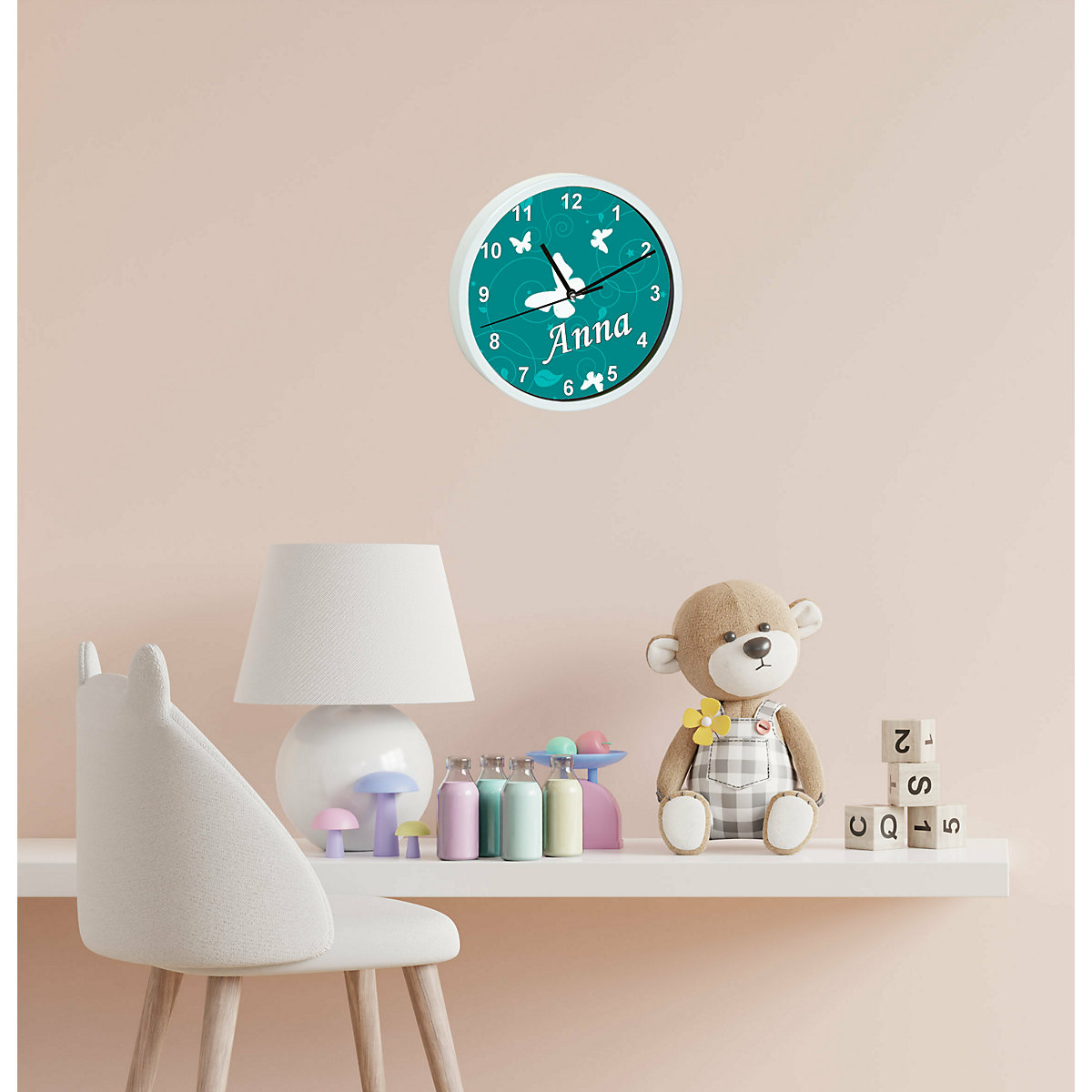 Kinder Wanduhr personalisiert mit Name Schmetterling Petrol