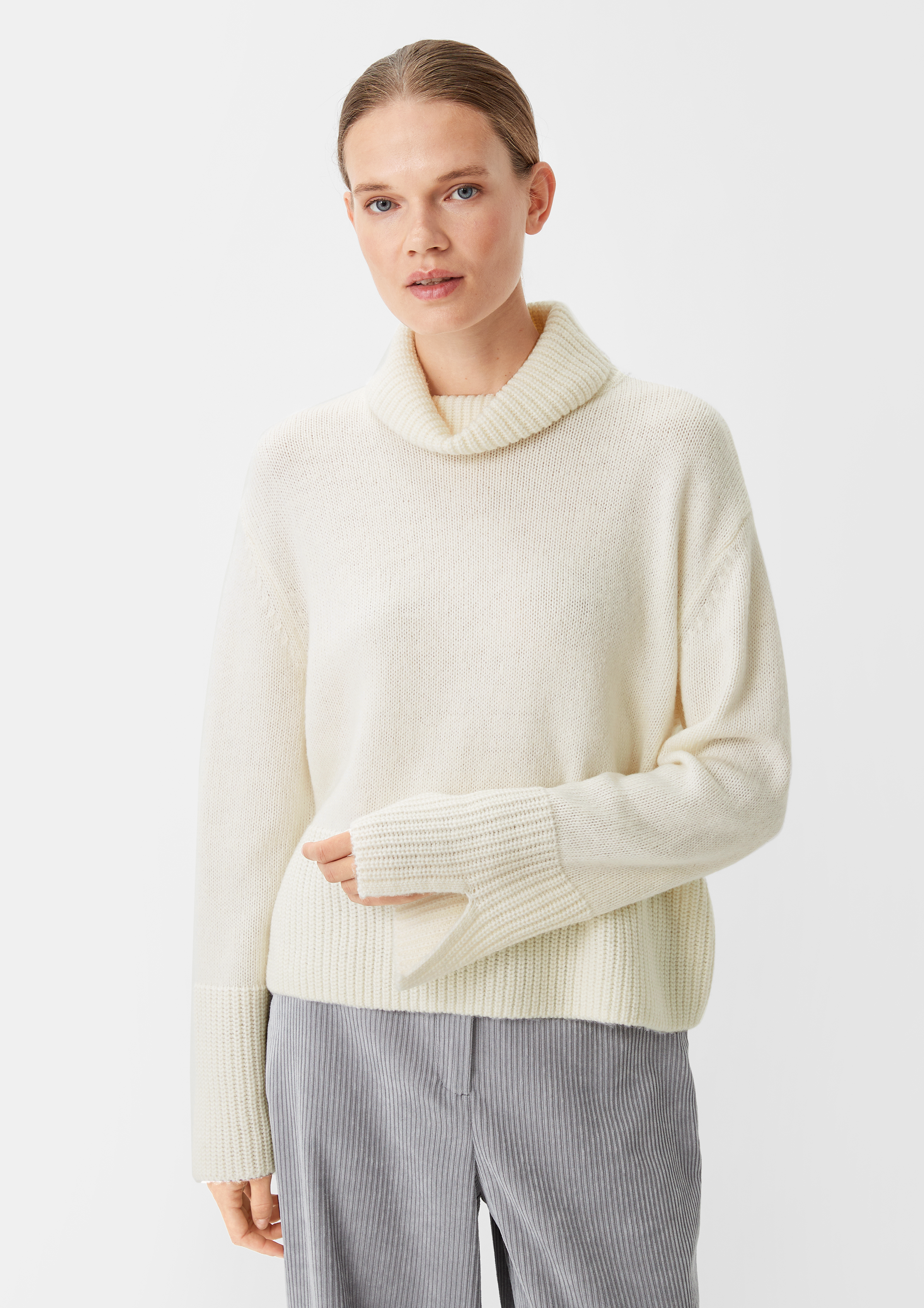 Strickpullover mit breiter Rippblende - creme