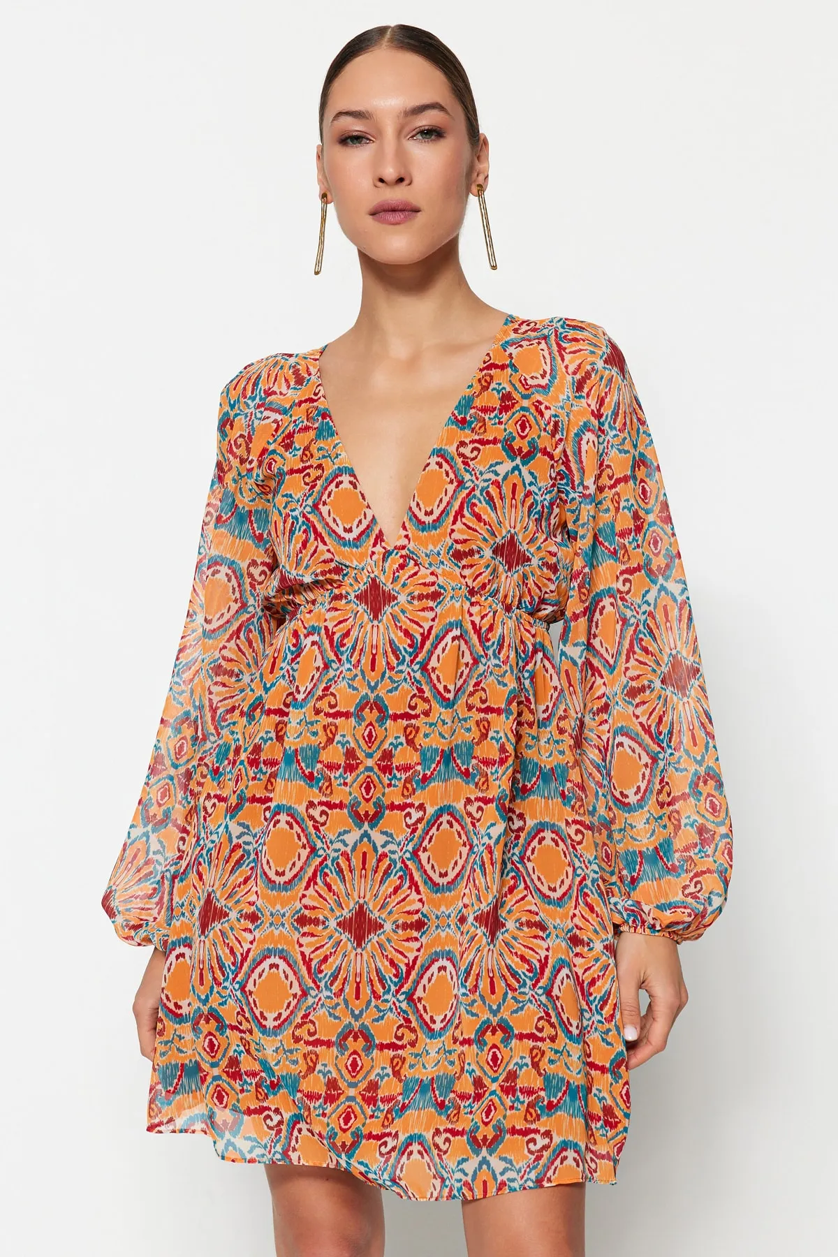 Trendyol Collection  Orange bedrucktes Webkleid TWOSS23EL00519