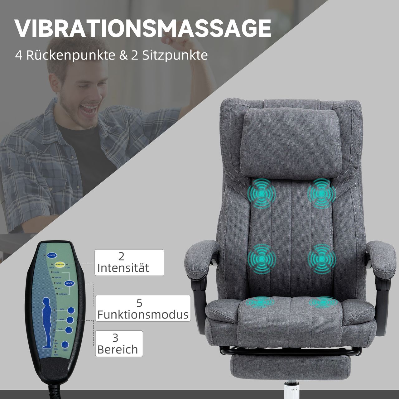 Vinsetto Bürostuhl mit Massagefunktion, Schreibtischstuhl mit Liegefunktion Grau