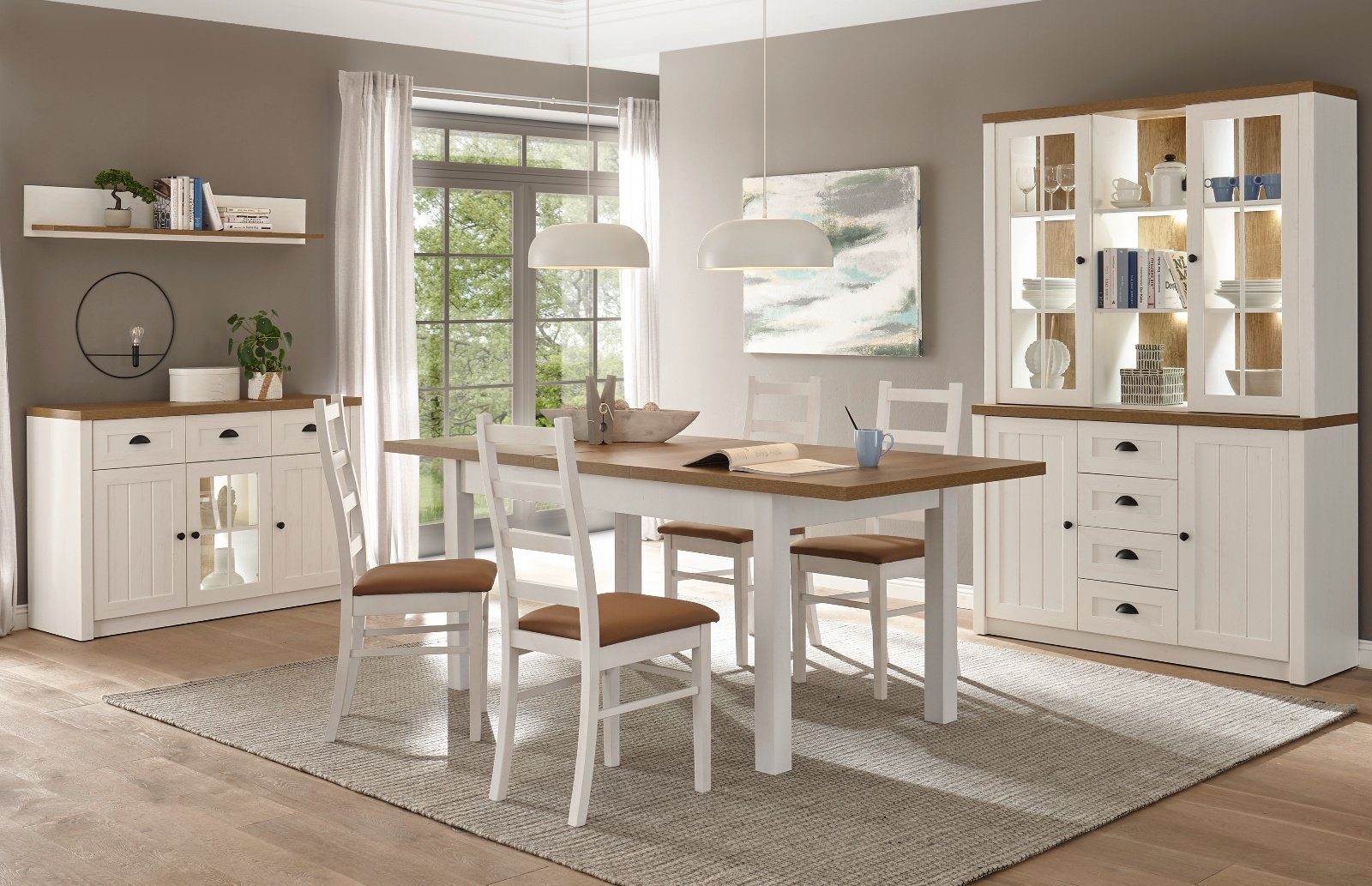 Furn.Design Buffet Seyne (Buffetschrank in Pinie weiß und Eiche hell, 130 x 180 cm) moderner Landhausstil, mit 6 Schubladen