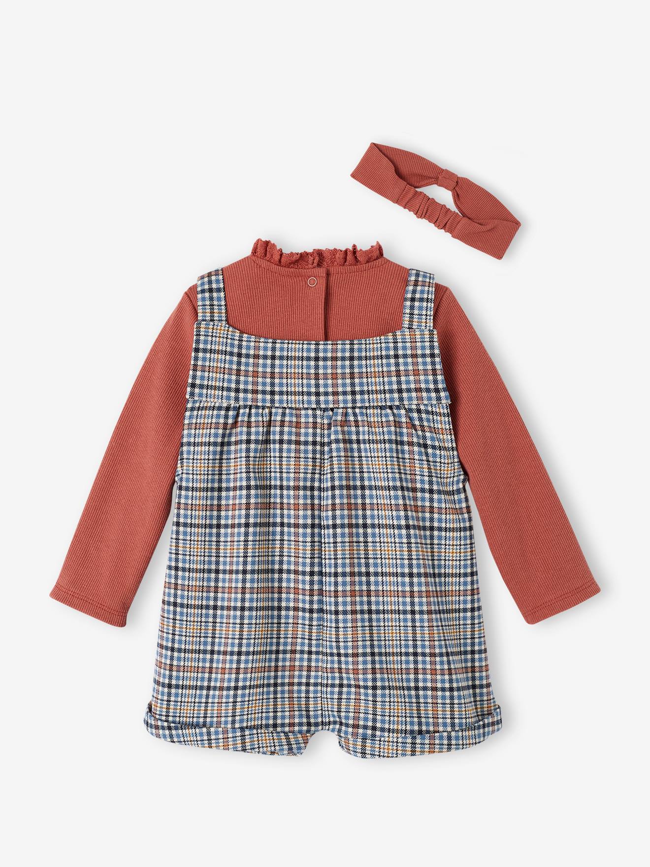 Vertbaudet Mädchen Baby-Set: Latz-Shorts, Shirt & Haarband - altrosa