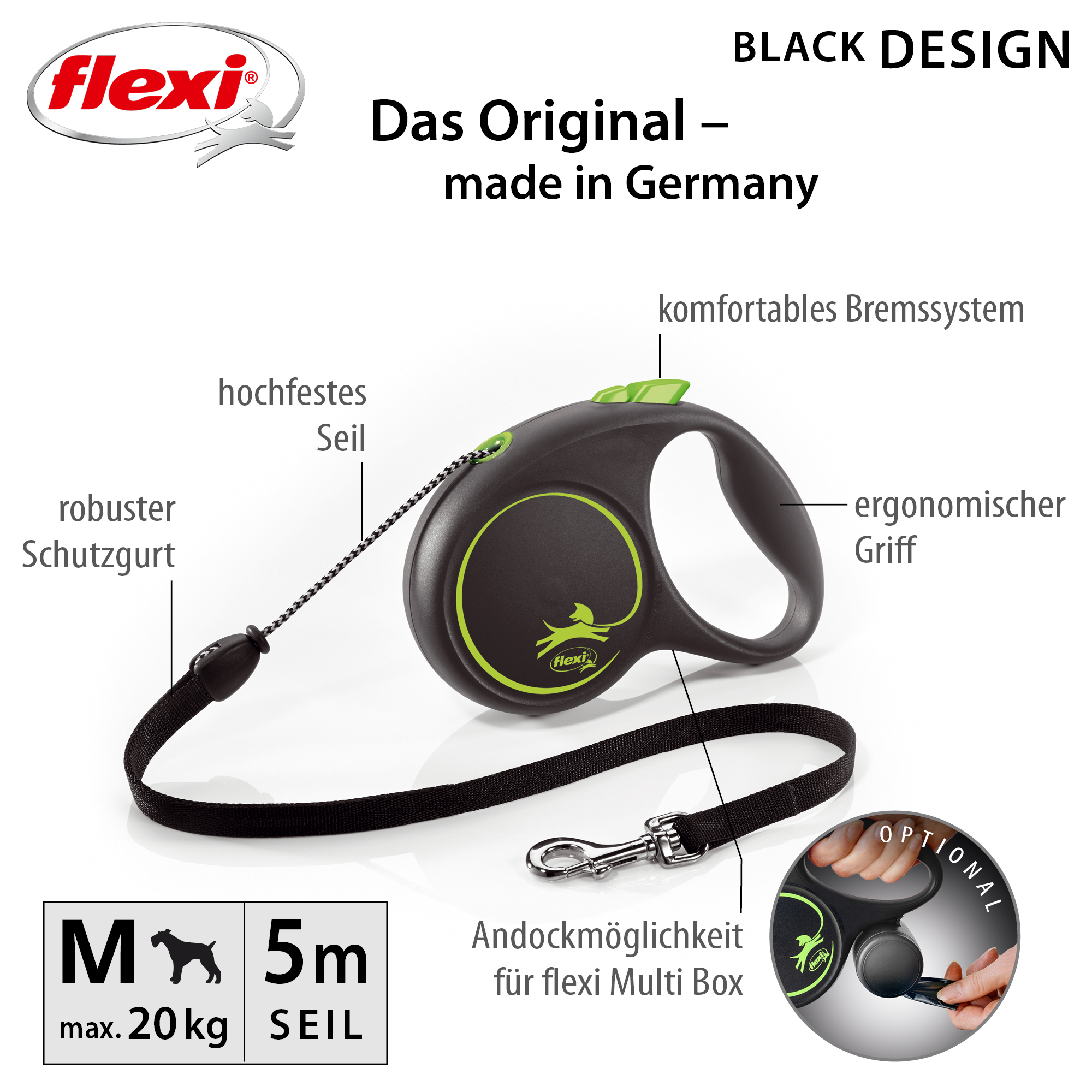 Flexi Hundeleinen Flexi Black Design Seil grün M, 5 m, 20 kg