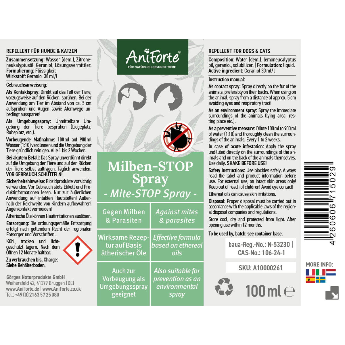 Aniforte Floh- & Zeckenmittel Aniforte Milben-STOP Spray für Hunde und Katzen 100 g