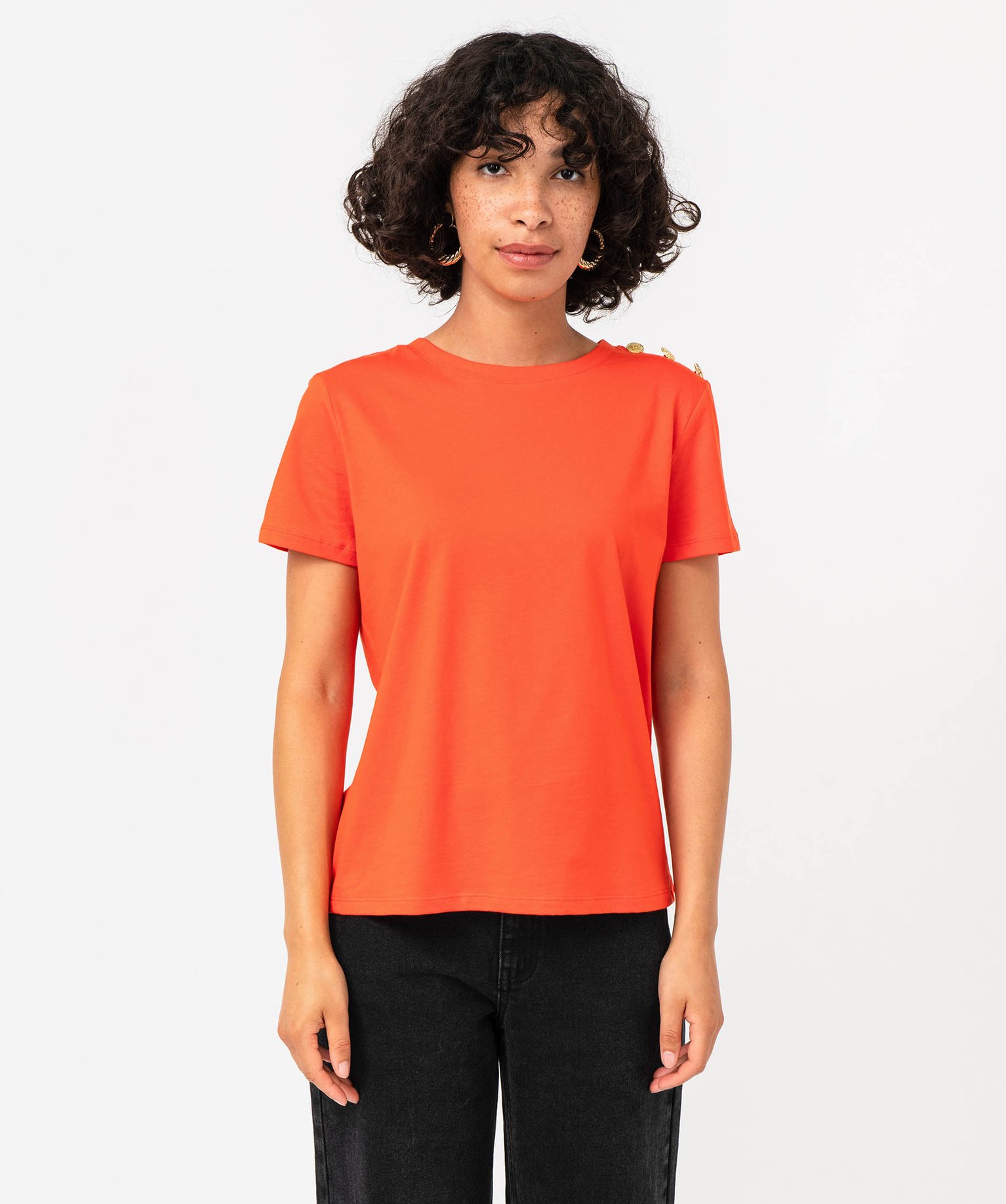 Tee-shirt manches courtes à boutons décoratifs femme orange | GEMO