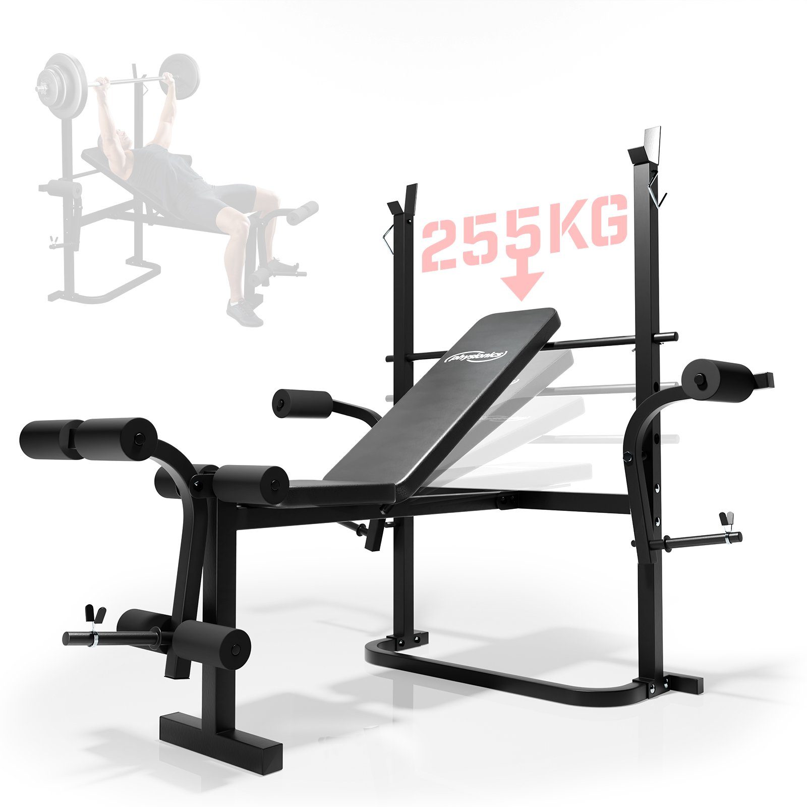Physionics Hantelbank Multifunktion Hantelbank - Rückenlehne 4-fach Verstellbar, max. 255kg