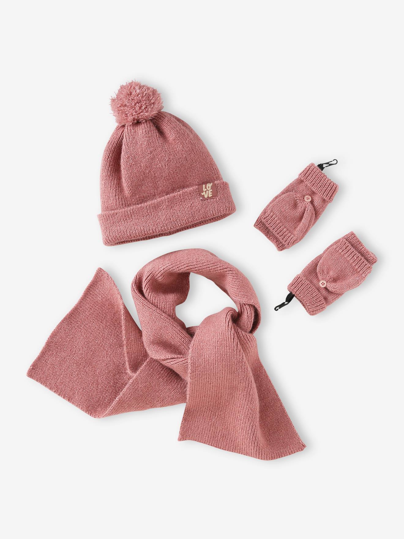 Ensemble fille en maille côtelée bonnet + écharpe + moufles/mitaines beige chiné