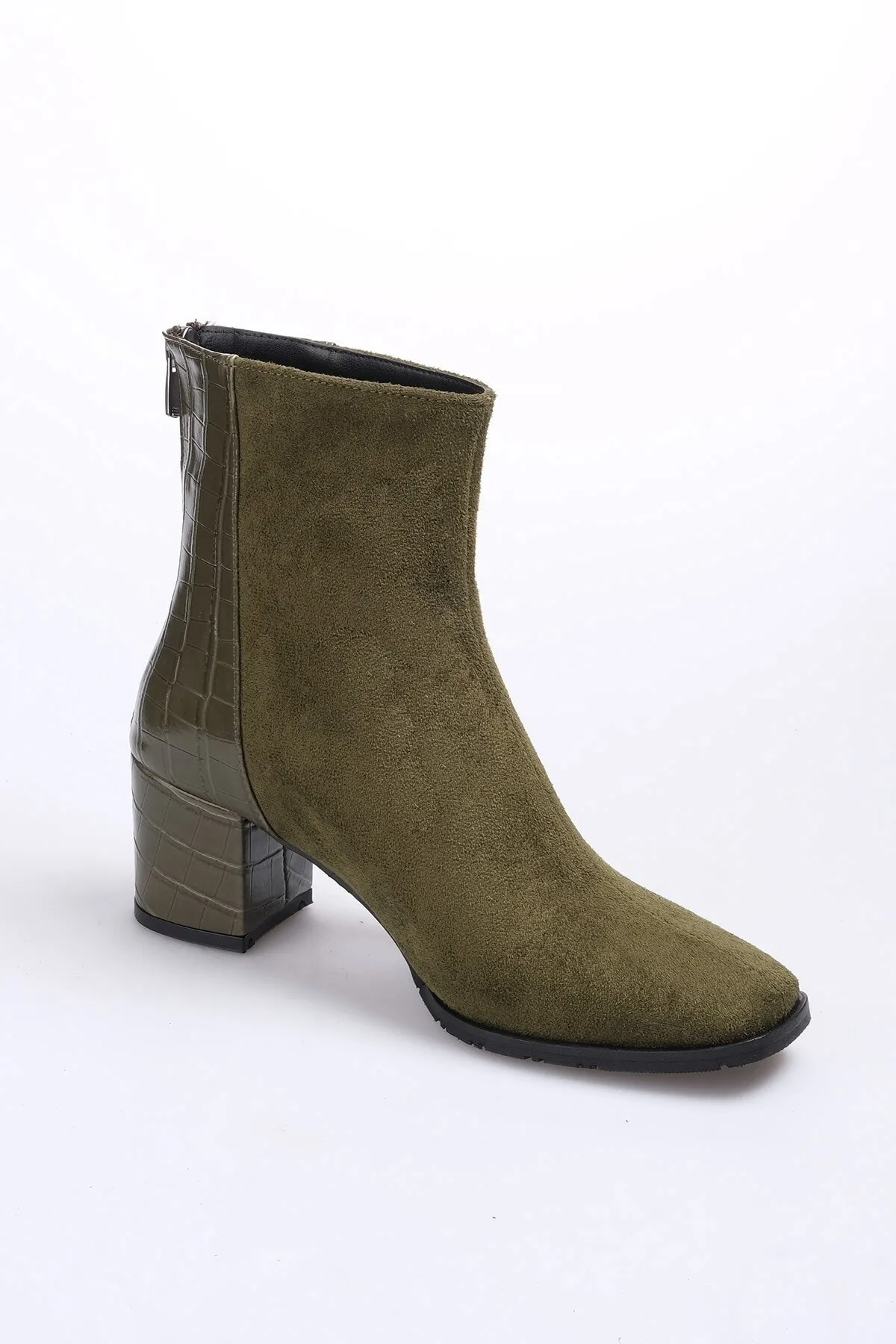 Mio Gusto  Bianca Khakigrüne Farbe Wildleder und Krokodilmuster Kombination Blunt Toe Damen Kurze Absätze