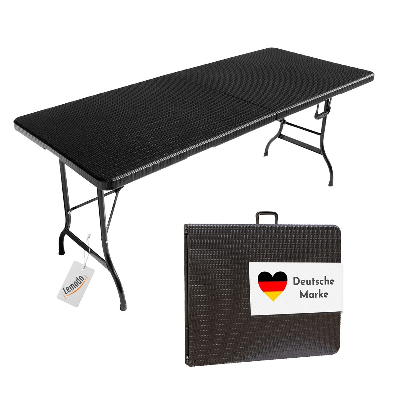 Lemodo Gartentisch in Rattan Optik, Klapptisch 180 x 75 cm, Buffettisch bis 150 kg belastbar