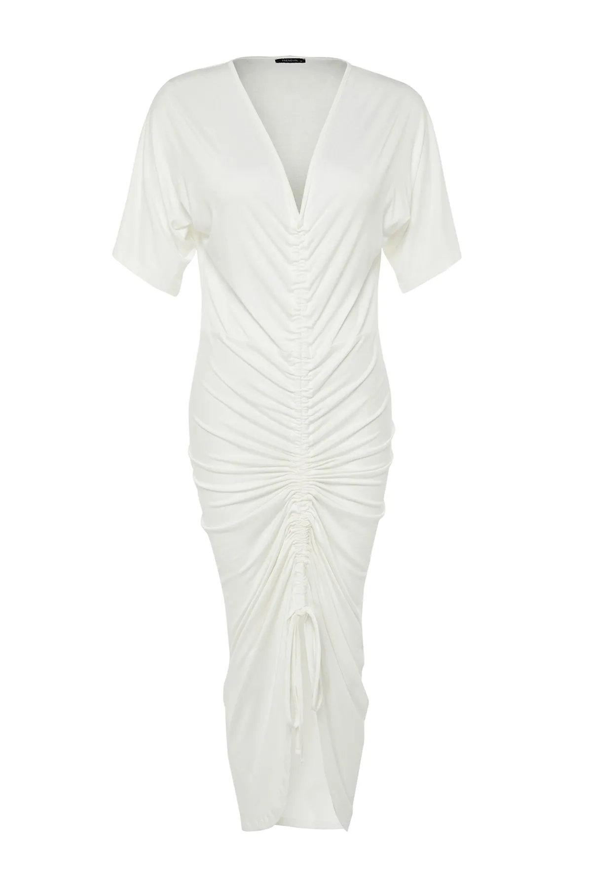 Trendyol Collection  Ecrufarbenes Midi-Strick-Strandkleid mit Raffung TBESS23EL00233