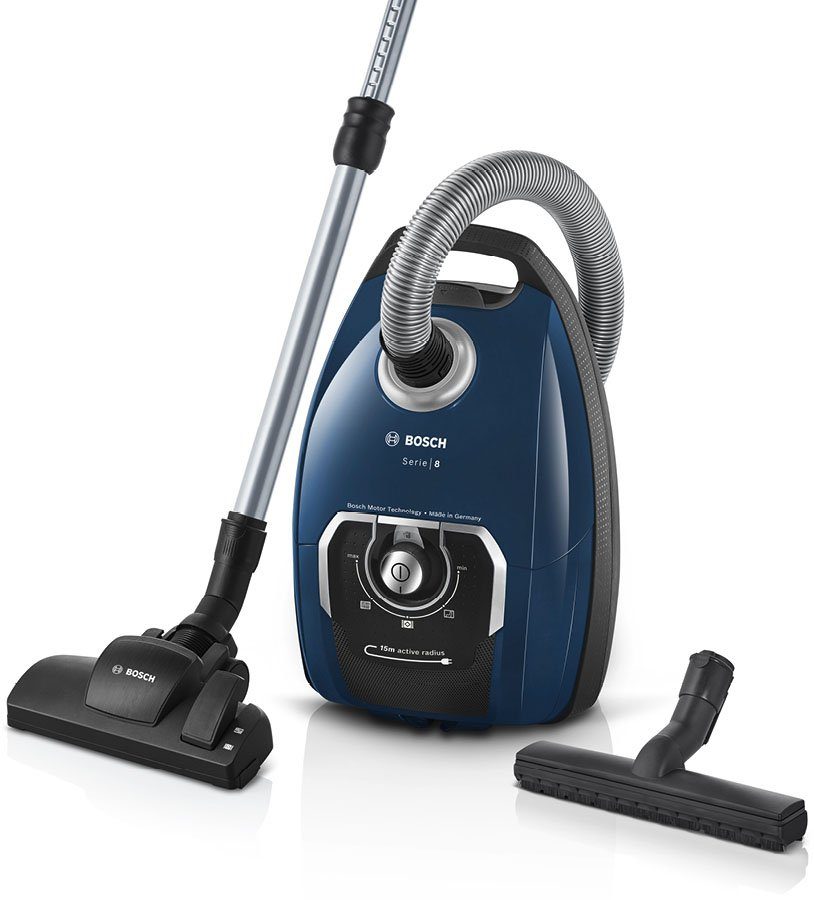 BOSCH Bodenstaubsauger BGB75X494, Serie 8, blau, 650 W, mit Beutel, inkl. Hartbodendüse, extra langes Kabel, leise
