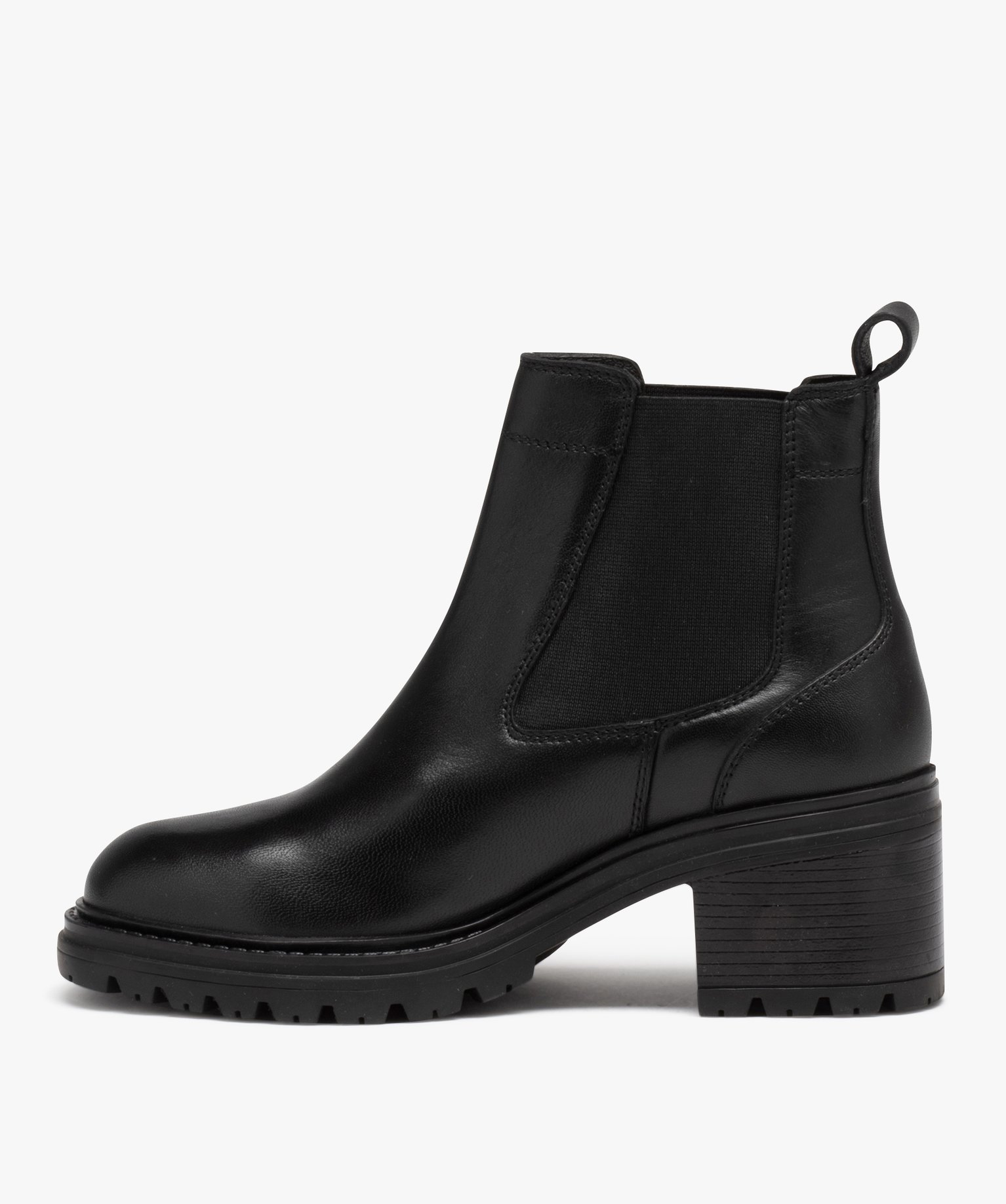 Boots femme à talon en cuir uni style Chelsea noir | GEMO