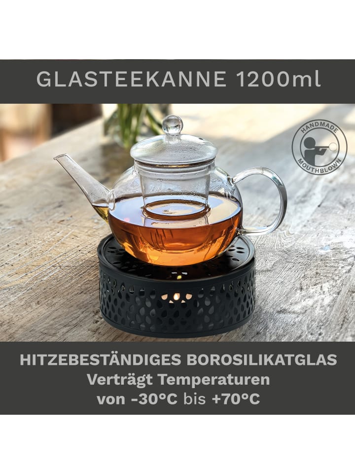 Creano Teekanne 1,2l bauchig   Edelstahl-Stövchen „Leaf schwarz“ im Set günstig kaufen onesize