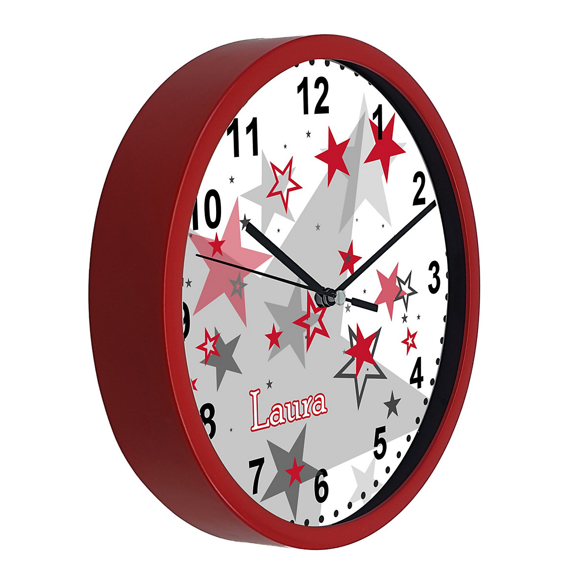 Kinder Wanduhr laufruhig personalisiert mit Name Sternenhimmel Rot Grau