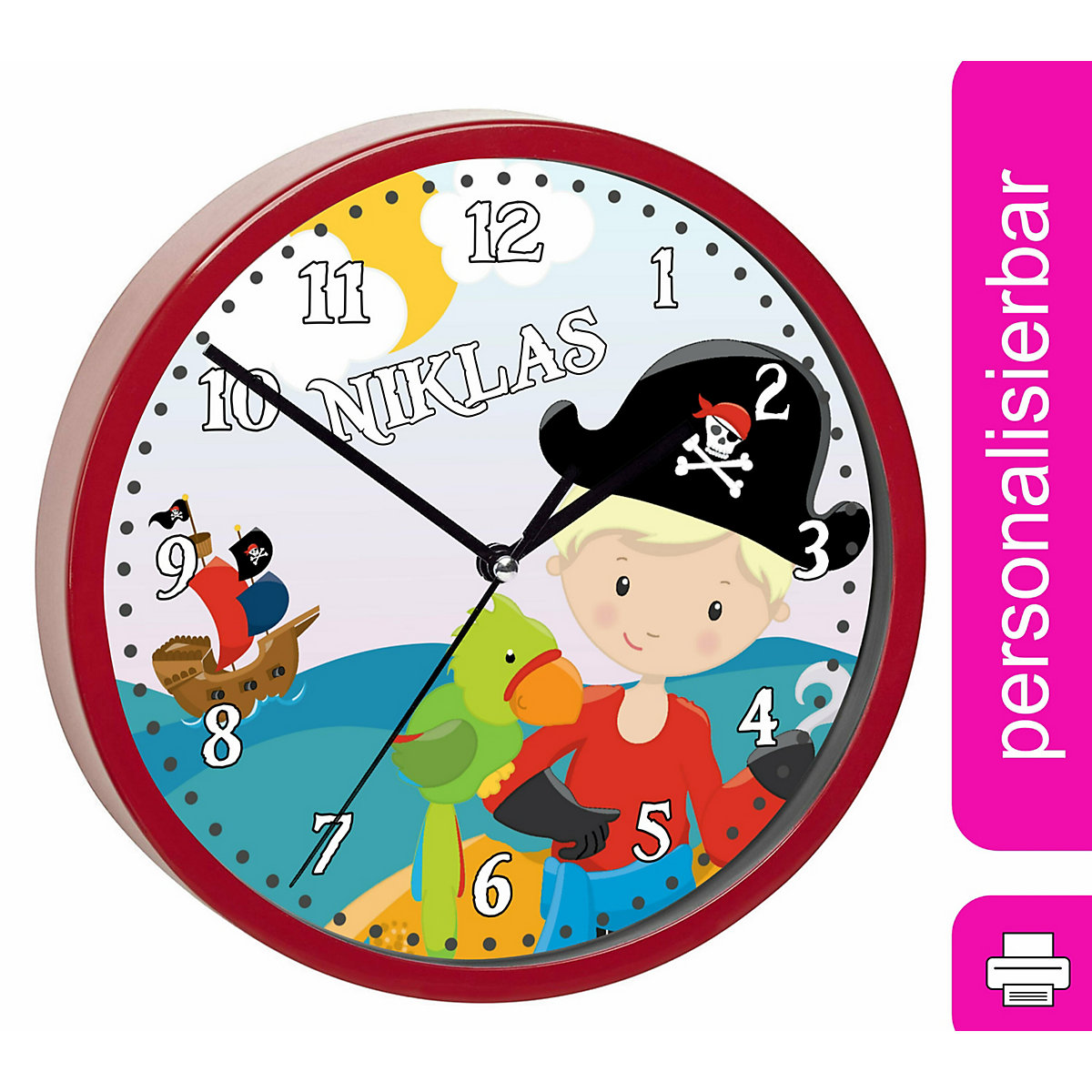 Kinder Wanduhr personalisiert mit Name Pirat nah
