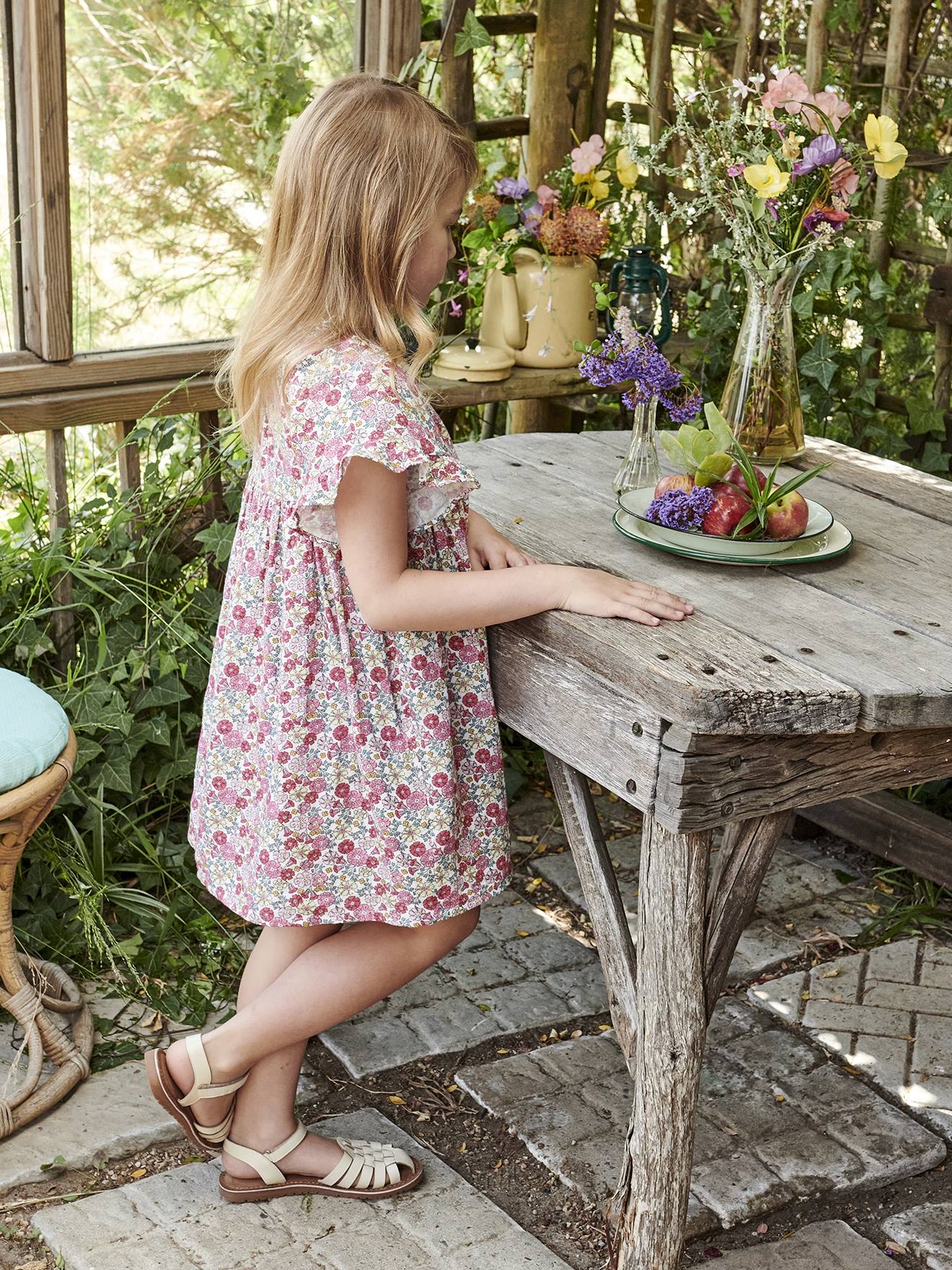 Vertbaudet Geblümtes Mädchen Kleid mit Schmetterlingsärmeln - rosa