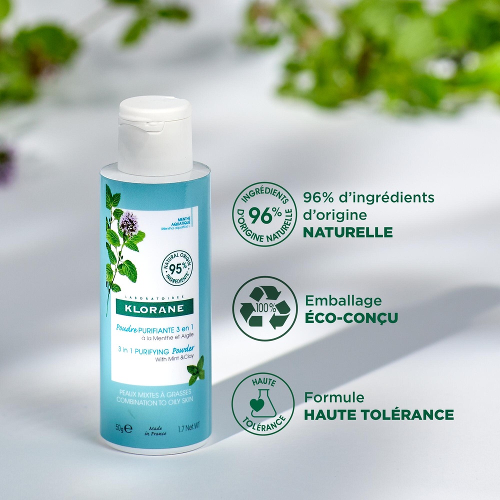 Klorane Menthe Aquatique et Argile - Poudre puri fiante visage 3 en 1 Bio Soin visage
