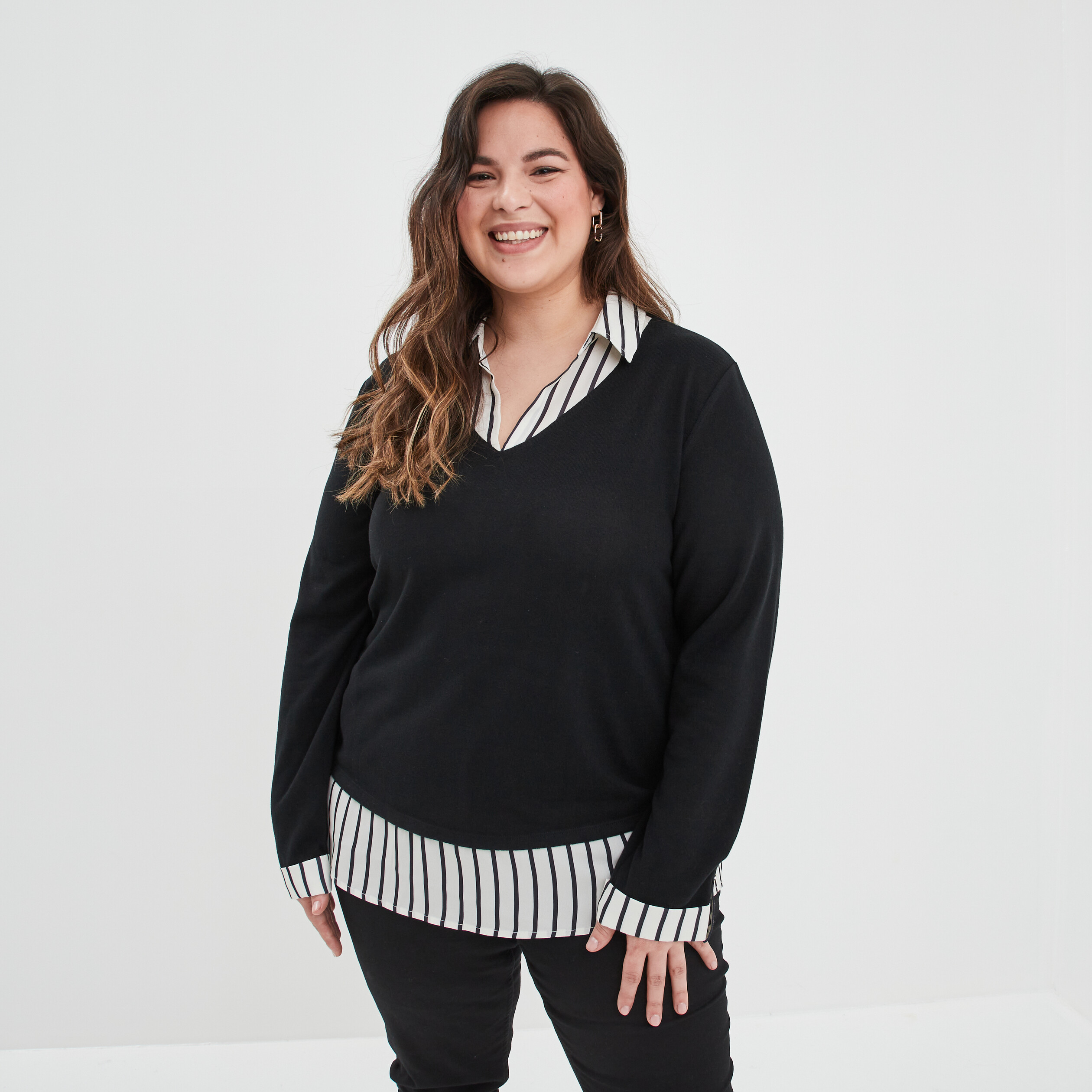 Pull effet 2-en-1 manches longues noir femme grande taille | La Halle