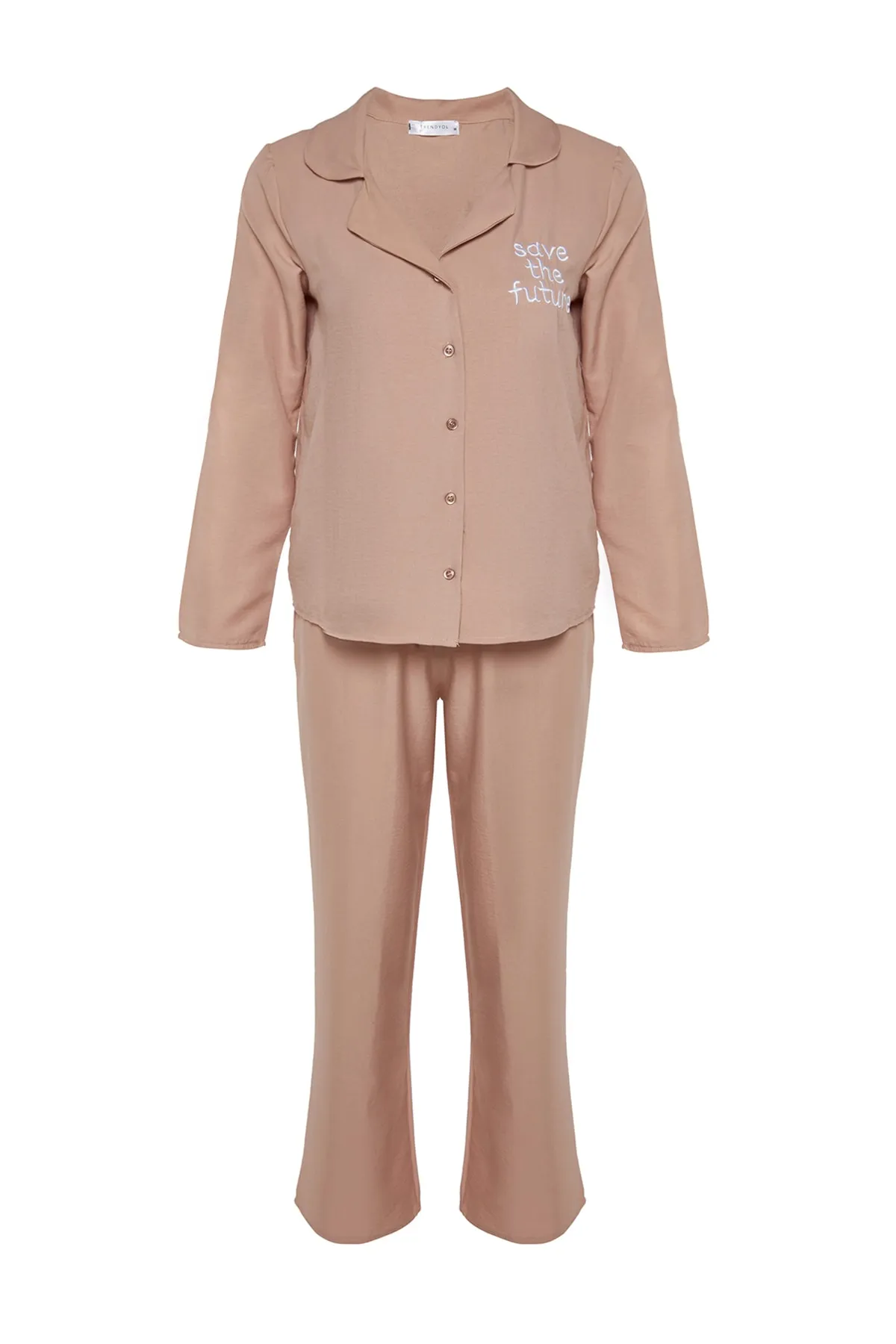 Trendyol Collection  Beige besticktes Pyjama-Set aus Hemd und Hose aus Webstoff THMAW24PT00000