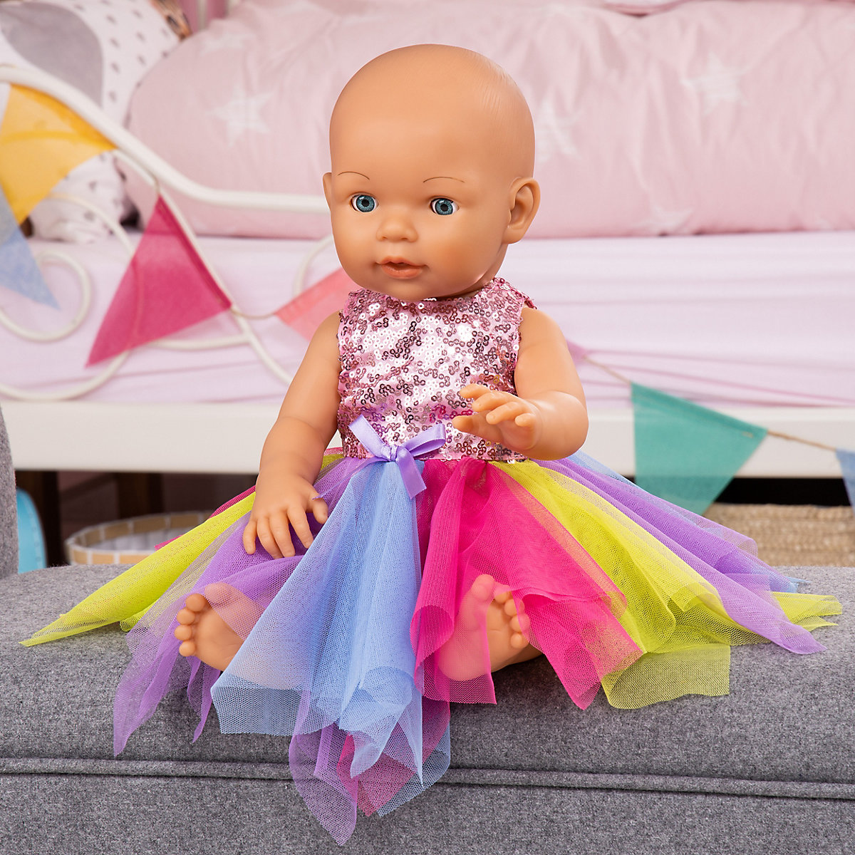 Pailletten-Kleid für Puppen 40-46 cm, rosa/gelb