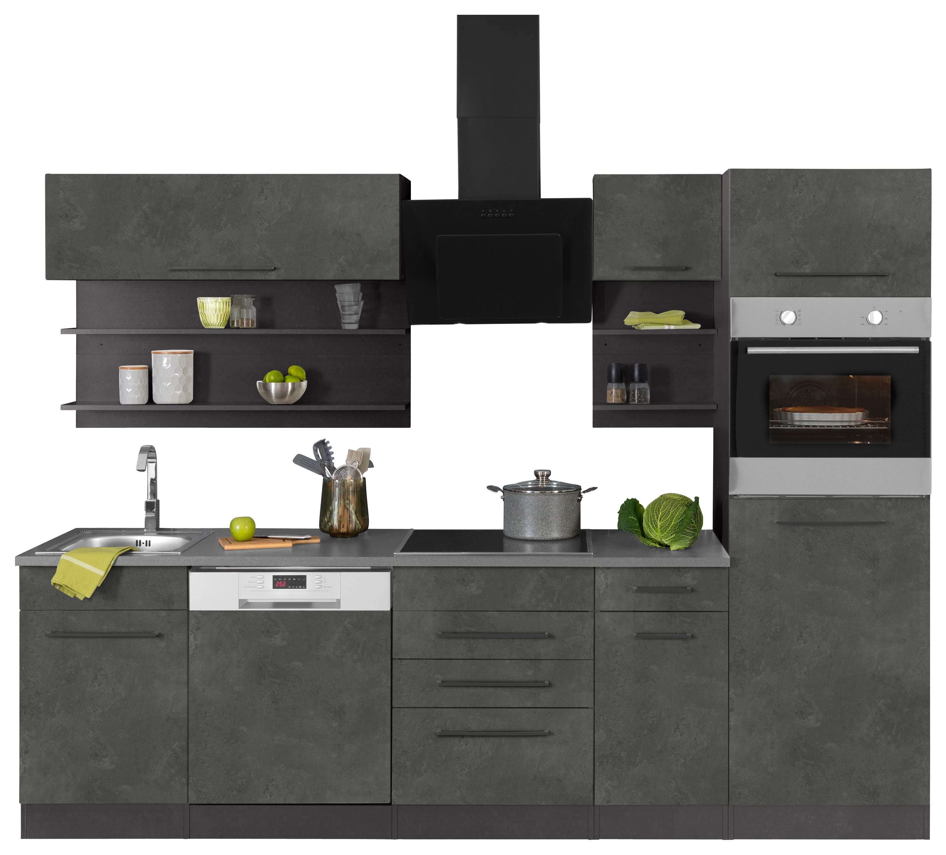 HELD MÖBEL Küchenzeile Tulsa, mit E-Geräten, Breite 270 cm, schwarze Metallgriffe, MDF Fronten