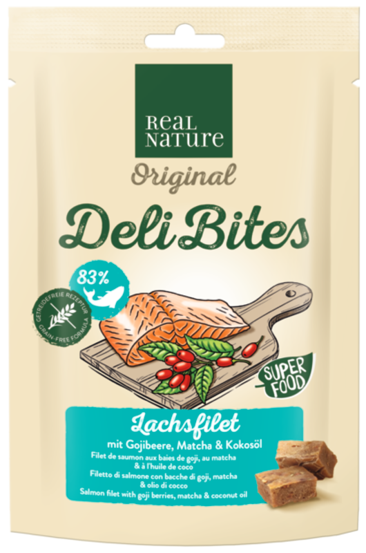 REAL NATURE Snacks REAL NATURE Original Deli Bites 150g Lachsfilet mit Gojibeere, Matcha & Kokosöl