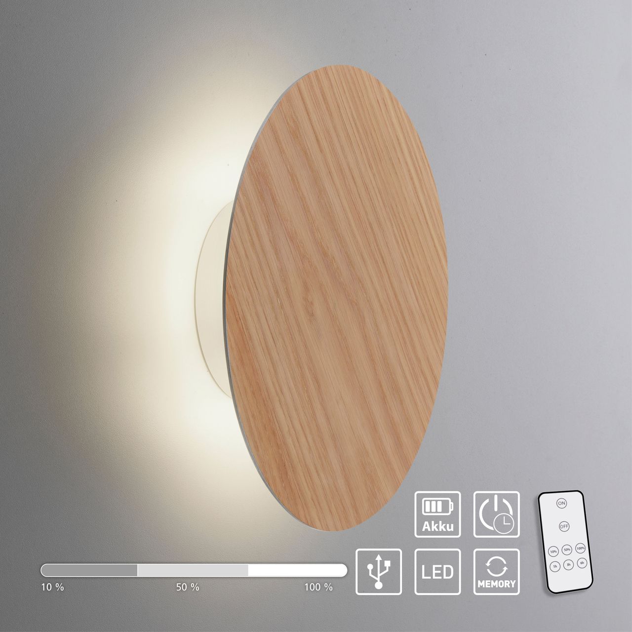 Paul Neuhaus LED Wandleuchte AKKU PUNTUA, Akkubetrieb, Klettverschluss, Holz-natur
