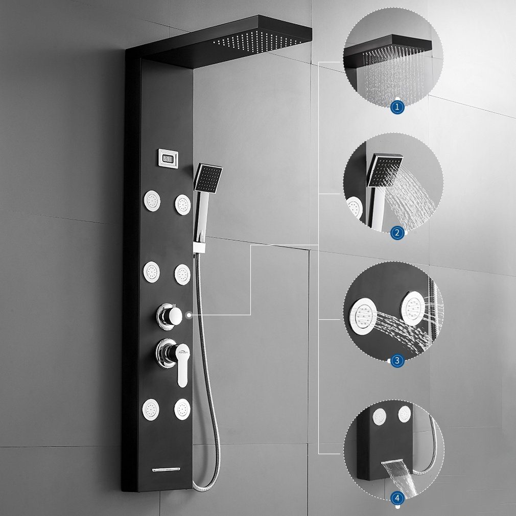 Auralum Brausegarnitur Multifunktion Duschpaneel Schwarz Duschset Edelstahl Duschsäule Dusche, mit Massagedüsen Handbrause und Überkopfdusche