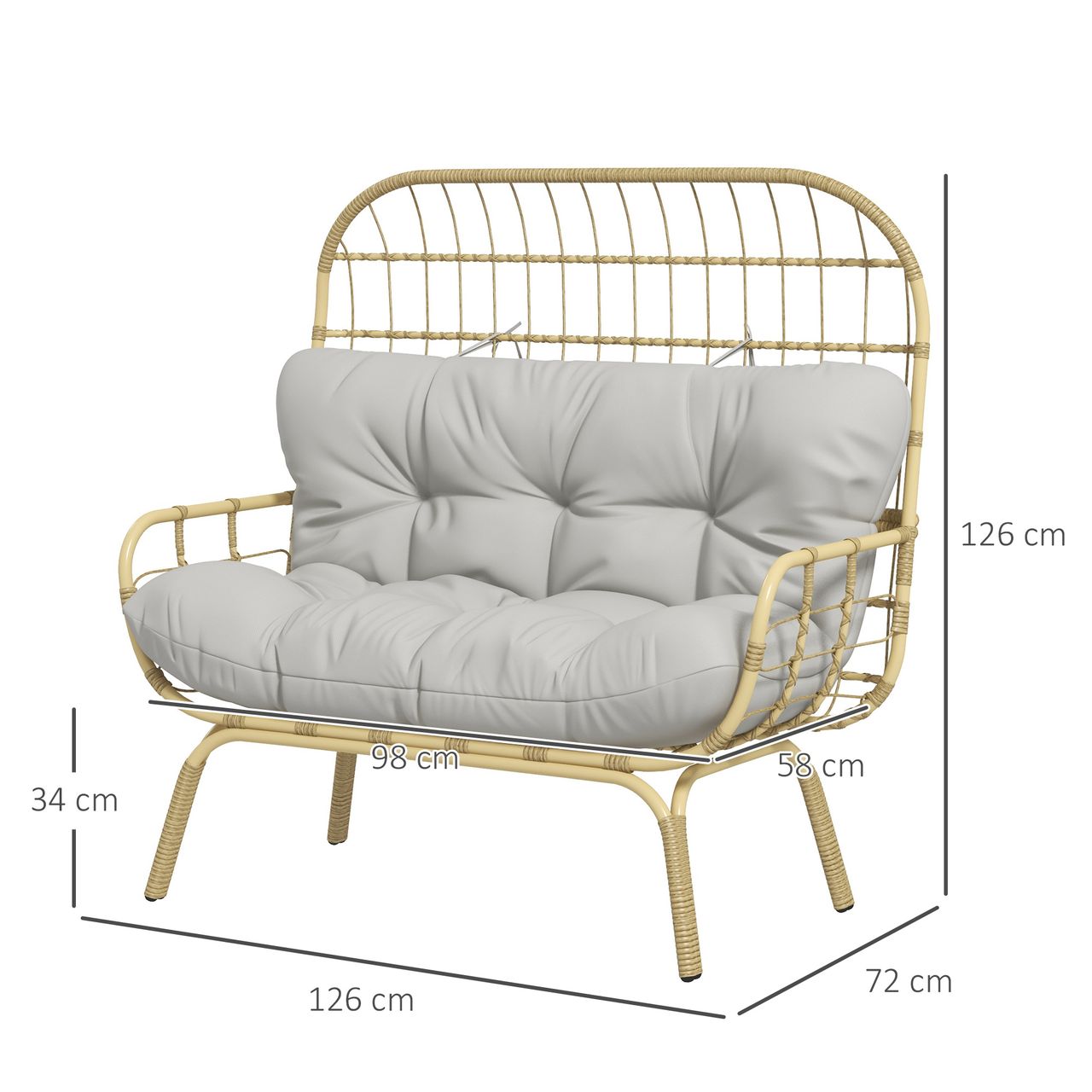 Outsunny Gartensofa 2 Sitzer Rattansofa mit Armlehne, Gepolstertem Kissen, Grau