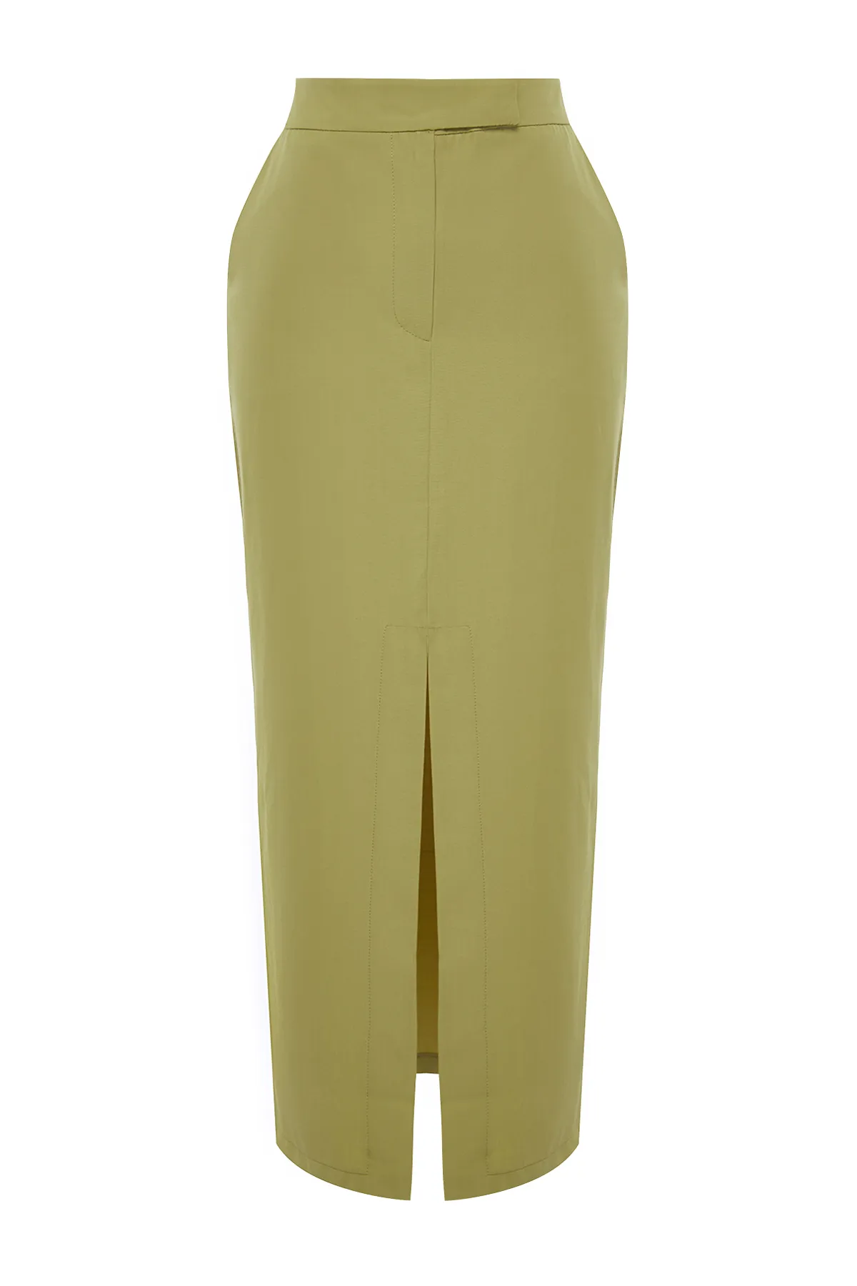 Trendyol Collection  Khaki Premium Midi-Webrock mit geradem Schlitz vorne TWOSS24ET00071