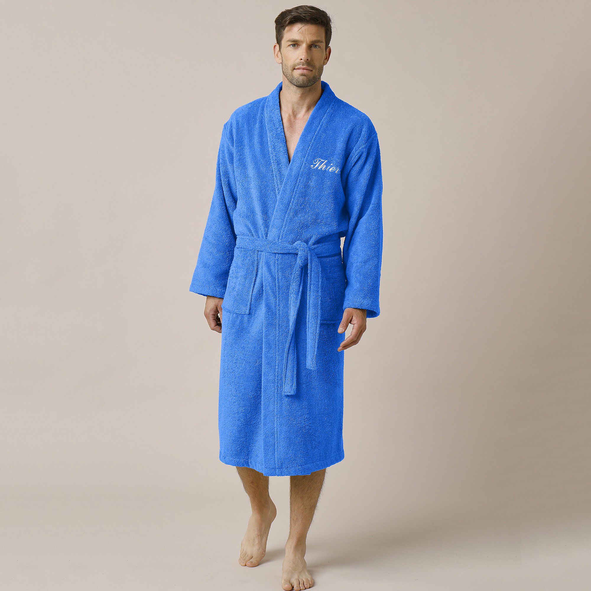 Peignoir mixte adulte uni coton éponge bouclette col kimono personnalisé