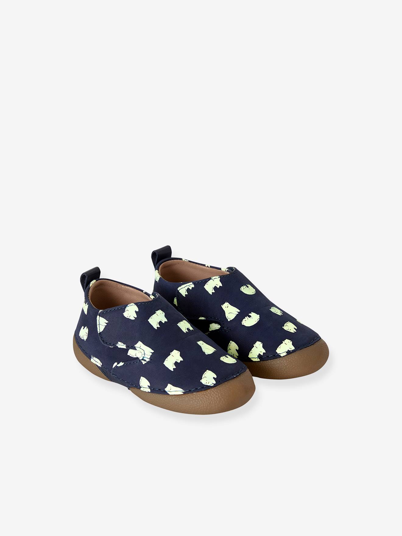 Chaussons scratchés bébé en cuir détails phosphorescents marine imprimé