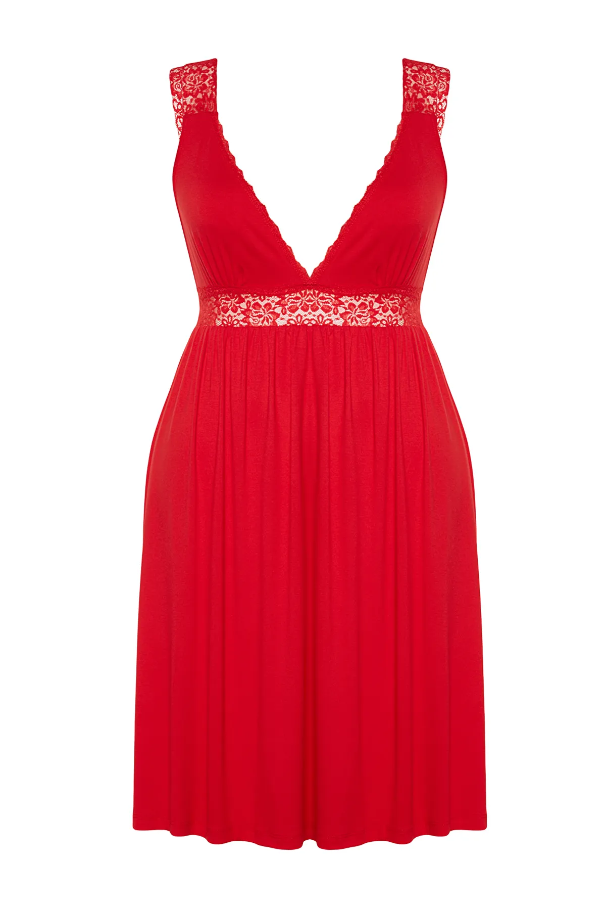 Trendyol Curve  Gestricktes Nachthemd mit roten Spitzendetails TBBAW23CH00000