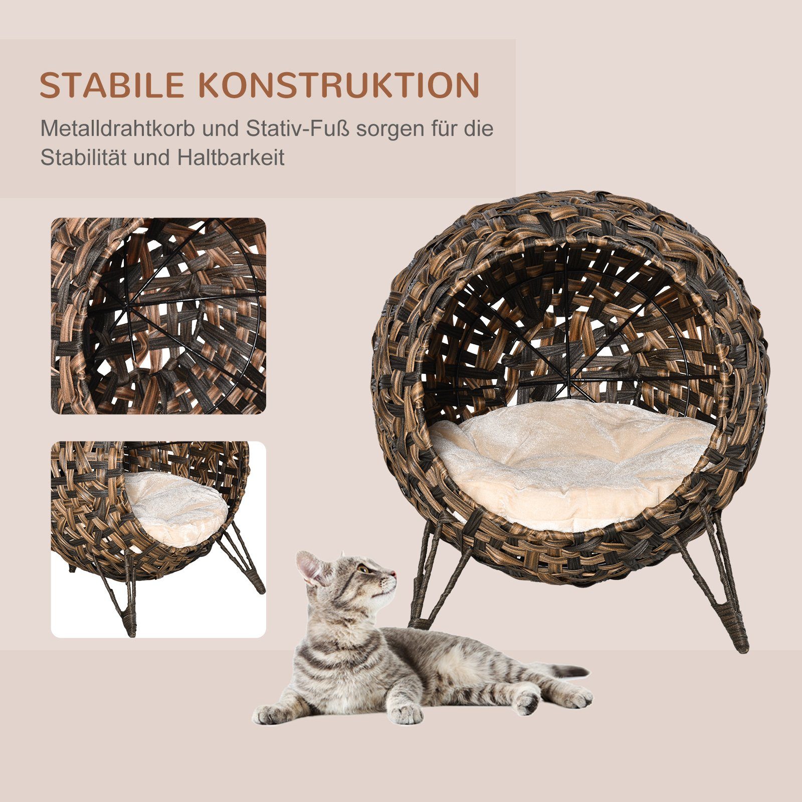 PawHut Tierhaus Katzenhaus aus Rattan mit Kissen Katzenhöhle mit erhöhten Füßen, Braun, Ø52 x H58 cm