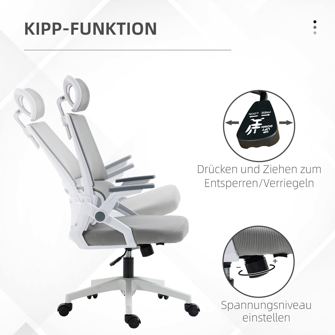 Vinsetto Bürostuhl Ergonomisch, Schreibtischstuhl mit Verstellbar Kopfstütze Mesh, Grau