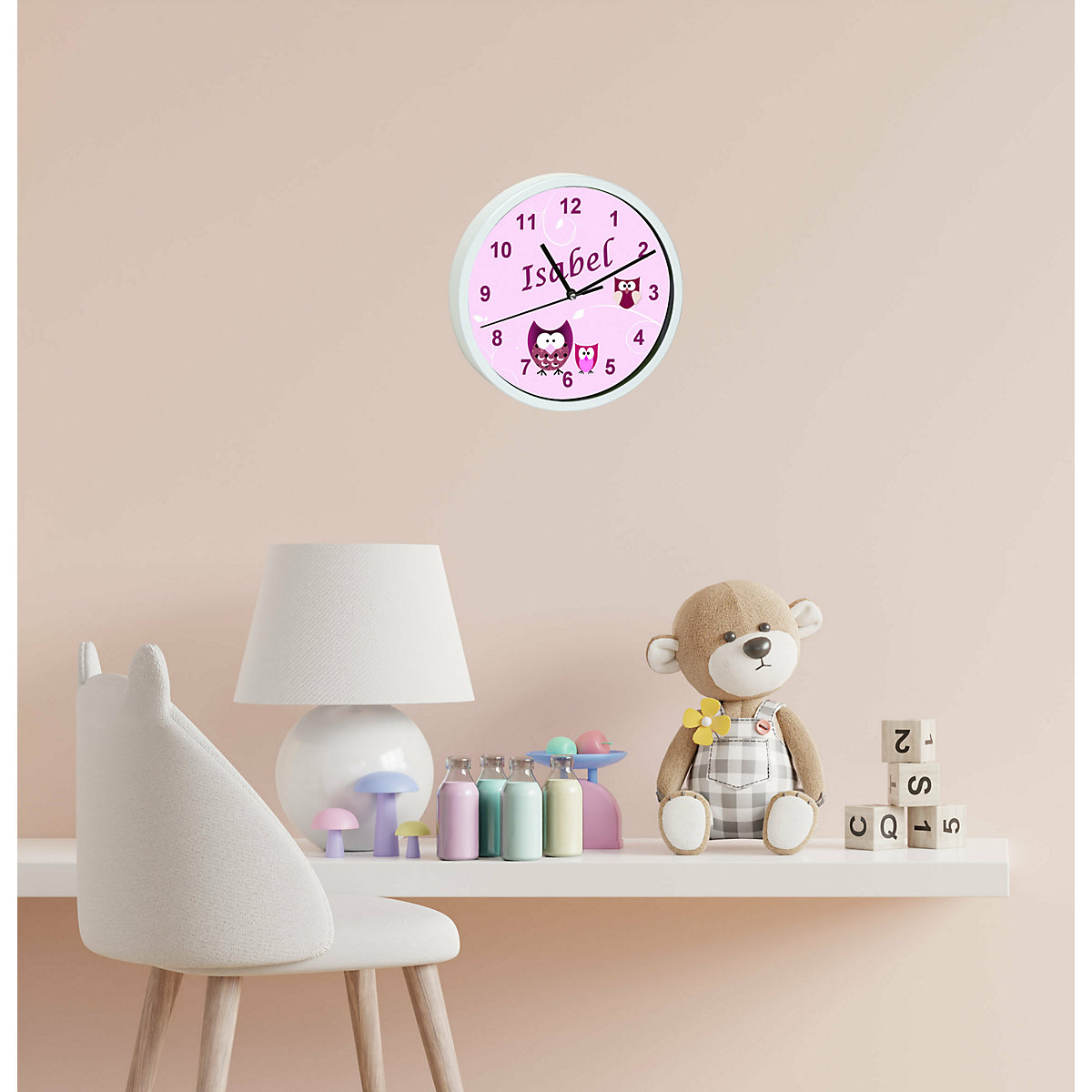 Kinder Wanduhr laufruhig personalisiert mit Name Eule Rosa
