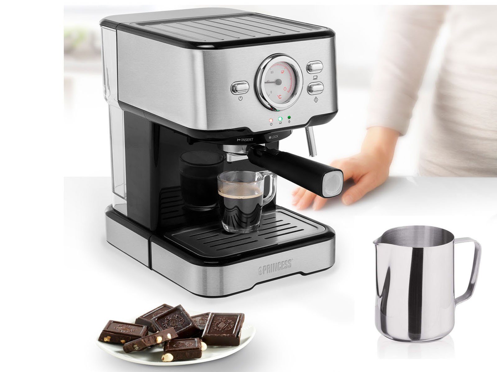 PRINCESS Siebträgermaschine, italienische Siebdruck Kaffee & Espresso-Maschine mit Milchaufschäumer