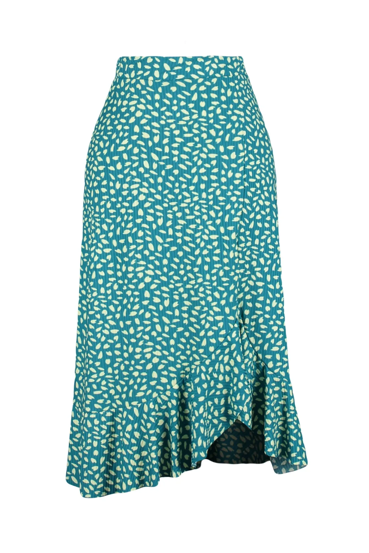 Trendyol Collection  Grün bedruckter High Waist Midi Stretch Strickrock mit Raffung und Volant TWOSS21ET0029