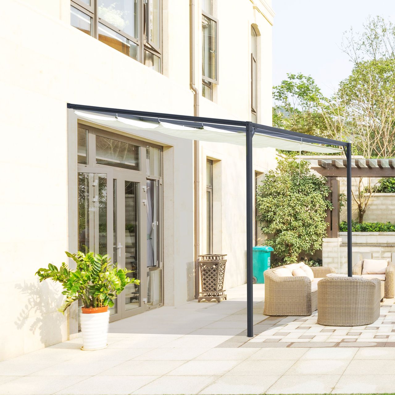 Outsunny Pergola 3 x 3 m mit Stoffdach wetterfest Wand Anbau Polyester Creme
