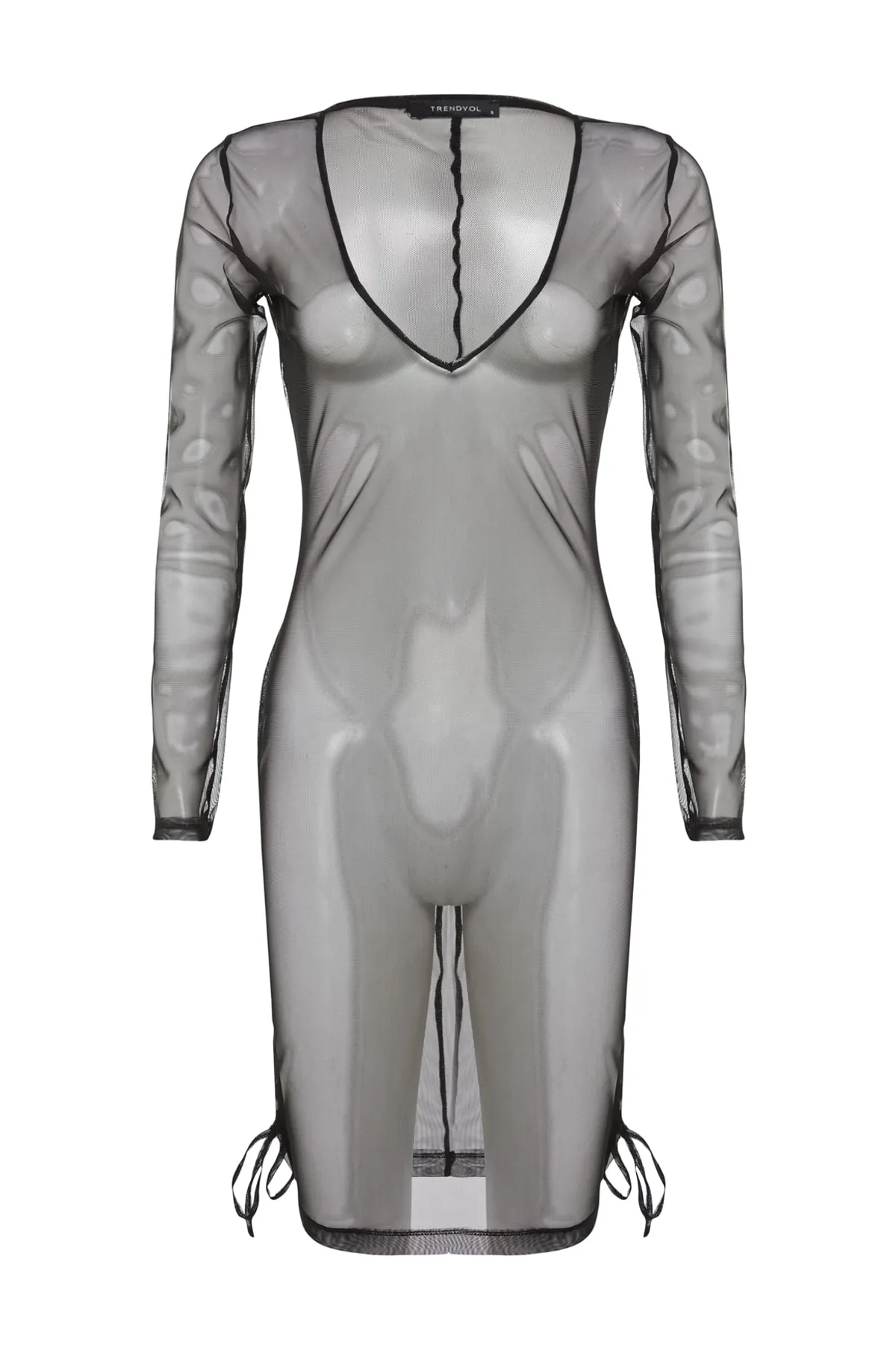 Trendyol Collection  Schwarzes, figurbetontes, gestricktes Mini-Strandkleid mit gerafftem Netzstoff TBESS22EL0026