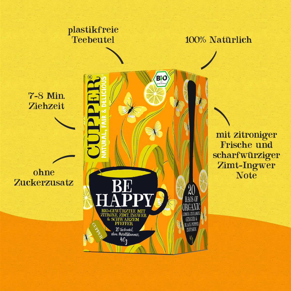 Gewürztee \Be Happy\ mit Zitrone, Zimt, Ingwer, schwarzer Pfeffer (20 Beutel), 40 g