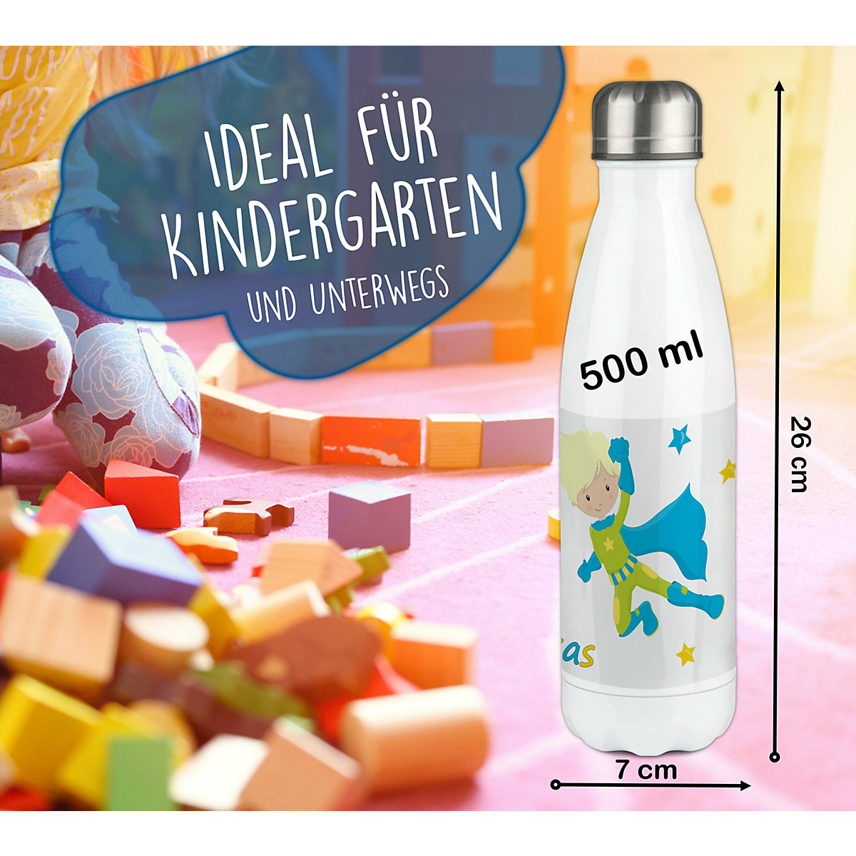 Edelstahl Kinder Thermoflasche / Trinkflasche bunt Superheld Spülmaschinenfest, Auslaufsicher, Bruchfest, Doppelwandig, Für Heißgetränke geeignet, Mit Deckel, Isoliert
