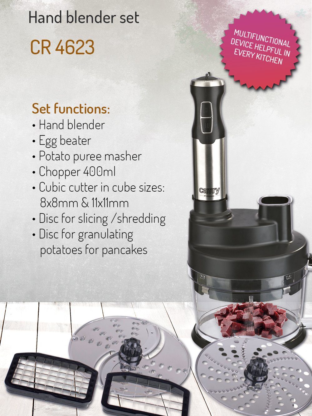 JUNG Handmixer CAMRY CR4623 Elektrische Stabmixer Set, Zerkleinerer Küche elektrisch, 1000,00 W, Multizerkleinerer Gemüseschneider Zwiebelschneider Stabmixer Pürieren