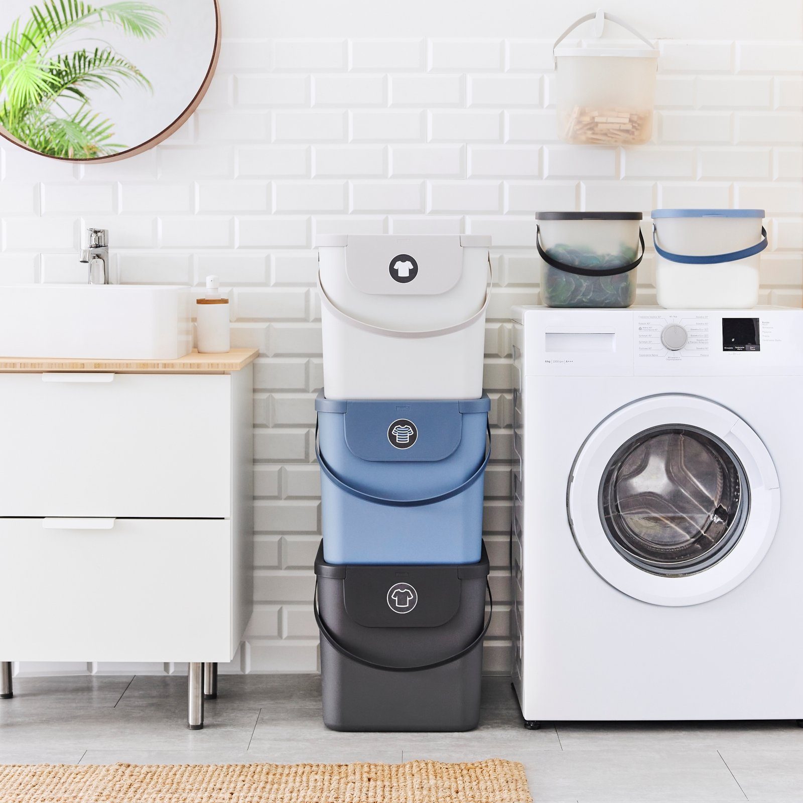 ROTHO Wäschekorb Albula 3er-Set Wäschesammler 40l mit Deckel, Kunststoff (PP recycelt) (Wäschesortiersystem, 3er-Set), Aus rezykliertem Kunststoff